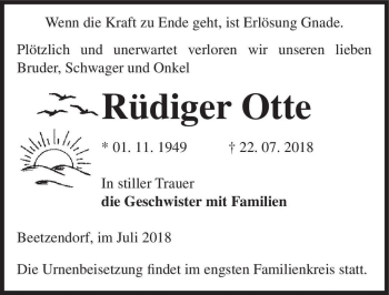 Traueranzeige von Rüdiger Otte  von Magdeburger Volksstimme
