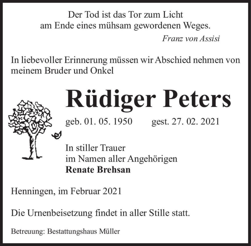  Traueranzeige für Rüdiger Peters  vom 05.03.2021 aus Magdeburger Volksstimme