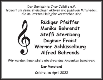 Traueranzeige von Rüdiger Pfeiffer und Monika Behrendt und Steffi Sternberg und Dagmar Freist und Werner Schlüsselburg und Alfred Behrends  von Magdeburger Volksstimme