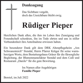 Traueranzeige von Rüdiger Pieper  von Magdeburger Volksstimme