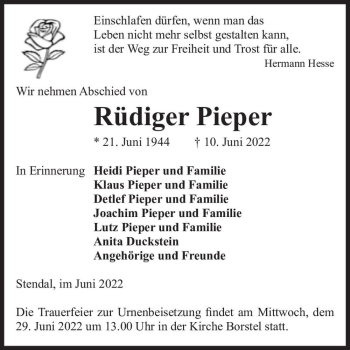 Traueranzeige von Rüdiger Pieper  von Magdeburger Volksstimme