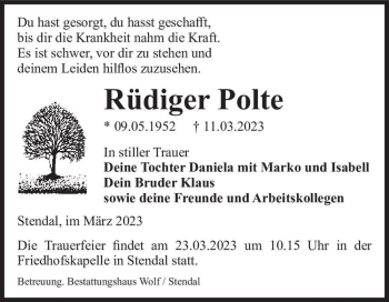 Traueranzeige von Rüdiger Polte  von Magdeburger Volksstimme