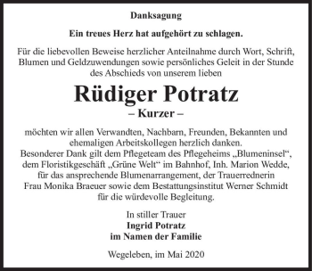 Traueranzeige von Rüdiger Potratz  - Kurzer -  von Magdeburger Volksstimme