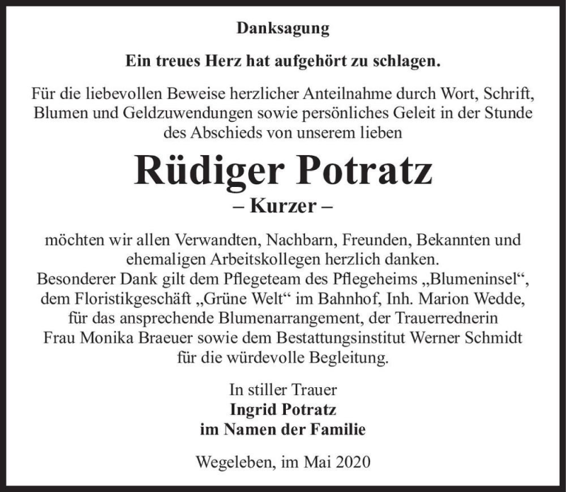  Traueranzeige für Rüdiger Potratz  - Kurzer -  vom 30.05.2020 aus Magdeburger Volksstimme