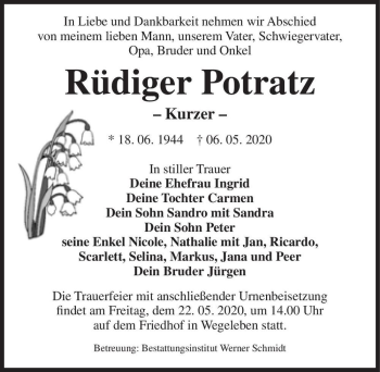 Traueranzeige von Rüdiger Potratz  von Magdeburger Volksstimme