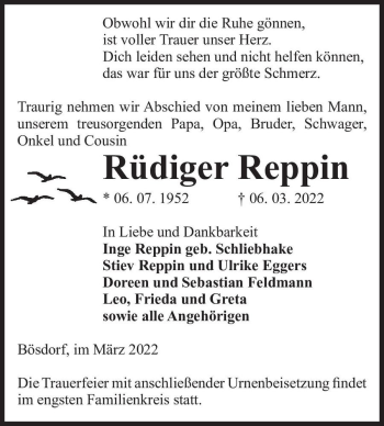 Traueranzeige von Rüdiger Reppin  von Magdeburger Volksstimme