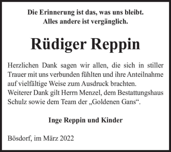 Traueranzeige von Rüdiger Reppin  von Magdeburger Volksstimme
