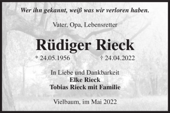 Traueranzeige von Rüdiger Rieck  von Magdeburger Volksstimme