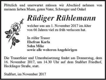 Traueranzeige von Rüdiger Rühlemann  von Magdeburger Volksstimme
