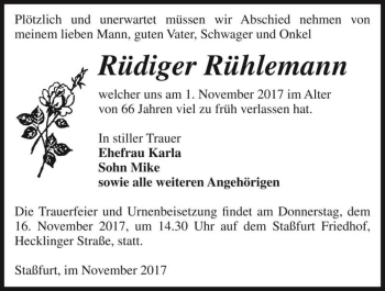 Traueranzeige von Rüdiger Rühlemann  von Magdeburger Volksstimme