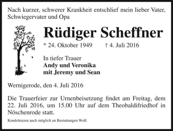 Traueranzeige von Rüdiger Scheffner  von Magdeburger Volksstimme