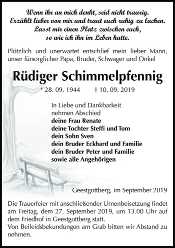 Traueranzeige von Rüdiger Schimmelpfennig  von Magdeburger Volksstimme