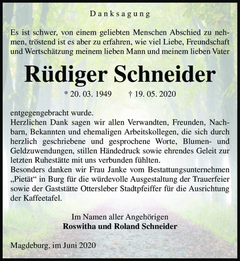  Traueranzeige für Rüdiger Schneider  vom 13.06.2020 aus Magdeburger Volksstimme