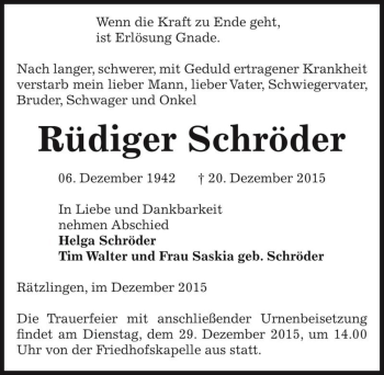 Traueranzeige von Rüdiger Schröder  von Magdeburger Volksstimme