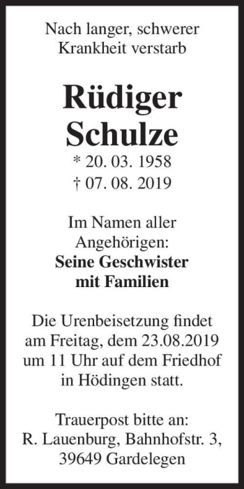 Traueranzeige von Rüdiger Schulze  von Magdeburger Volksstimme