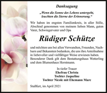 Traueranzeige von Rüdiger Schütze  von Magdeburger Volksstimme