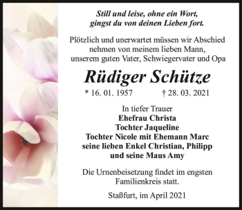 Traueranzeige von Rüdiger Schütze  von Magdeburger Volksstimme