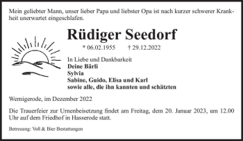 Traueranzeige von Rüdiger Seedorf  von Magdeburger Volksstimme