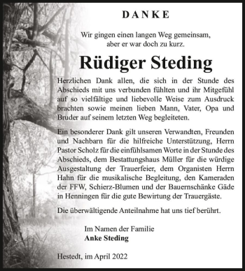 Traueranzeige von Rüdiger Steding  von Magdeburger Volksstimme