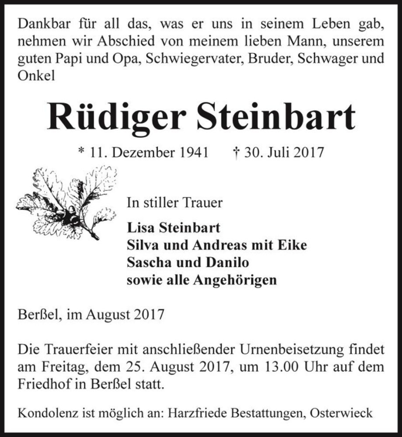  Traueranzeige für Rüdiger Steinbart  vom 05.08.2017 aus Magdeburger Volksstimme