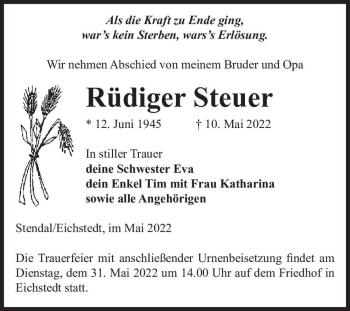 Traueranzeige von Rüdiger Steuer  von Magdeburger Volksstimme