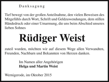 Traueranzeige von Rüdiger Weist  von Magdeburger Volksstimme