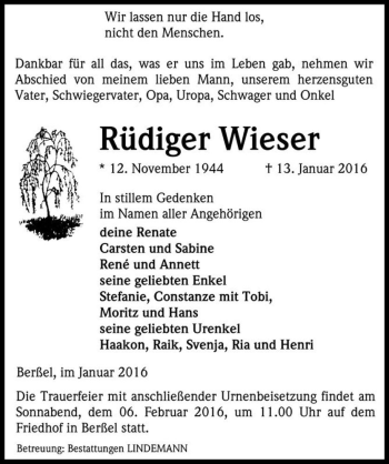 Traueranzeige von Rüdiger Wieser  von Magdeburger Volksstimme