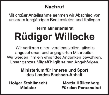 Traueranzeige von Rüdiger Willecke  von Magdeburger Volksstimme