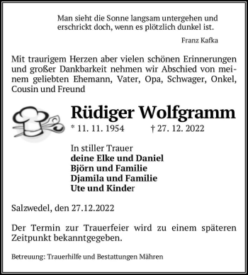 Traueranzeige von Rüdiger Wolfgramm  von Magdeburger Volksstimme