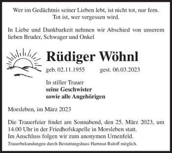 Traueranzeige von Rüdiger Wöhnl  von Magdeburger Volksstimme