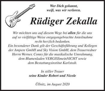 Traueranzeige von Rüdiger Zekalla  von Magdeburger Volksstimme