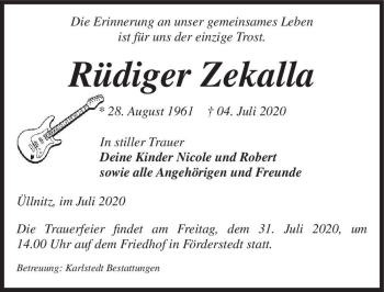 Traueranzeige von Rüdiger Zekalla  von Magdeburger Volksstimme