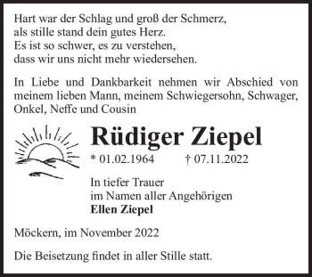 Traueranzeige von Rüdiger Ziepel  von Magdeburger Volksstimme