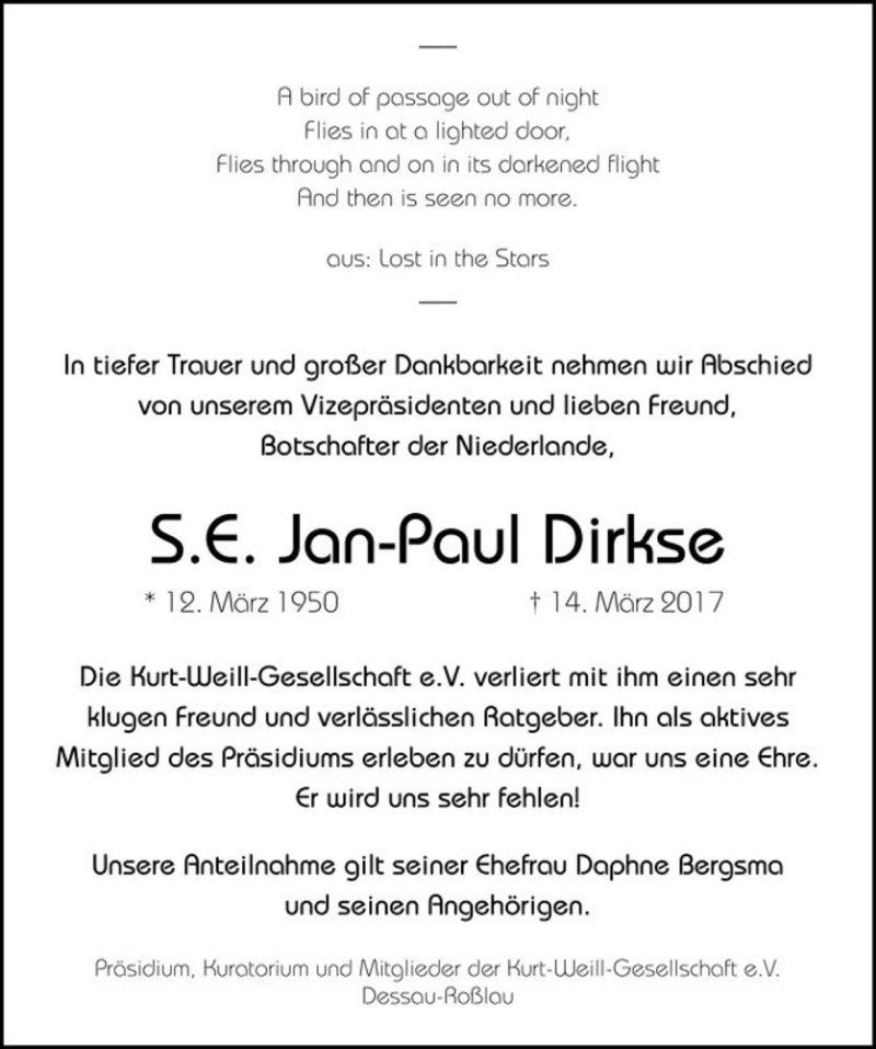  Traueranzeige für S.E. Jan-Paul Dirkse  vom 25.03.2017 aus Magdeburger Volksstimme
