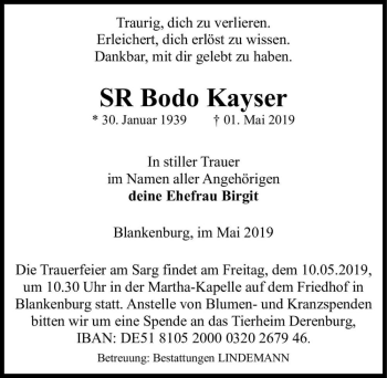 Traueranzeige von SR Bodo Kayser  von Magdeburger Volksstimme