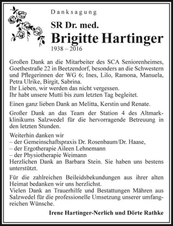 Traueranzeige von SR Dr. med. Brigitte Hartinger  von Magdeburger Volksstimme