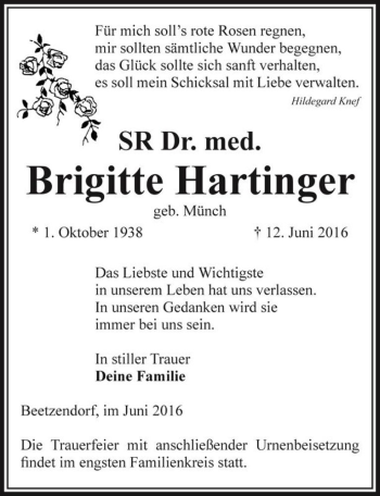 Traueranzeige von SR Dr. med. Brigitte Hartinger (geb. Münch)  von Magdeburger Volksstimme