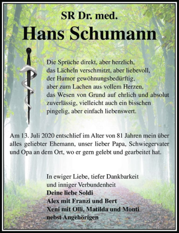 Traueranzeige von SR Dr. med. Hans Schumann  von Magdeburger Volksstimme