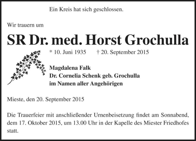  Traueranzeige für SR Dr. med. Horst Grochulla  vom 02.10.2015 aus Magdeburger Volksstimme