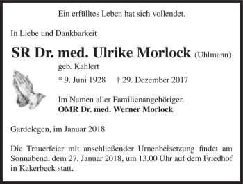Traueranzeige von SR Dr. med. Ulrike Morlock (Uhlmann) (geb. Kahlert)  von Magdeburger Volksstimme