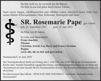 Traueranzeige von SR Rosemarie Pape  von Magdeburger Volksstimme