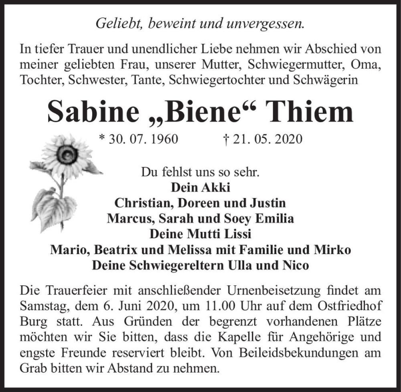  Traueranzeige für Sabine ,,Biene