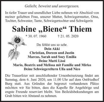 Traueranzeige von Sabine ,,Biene