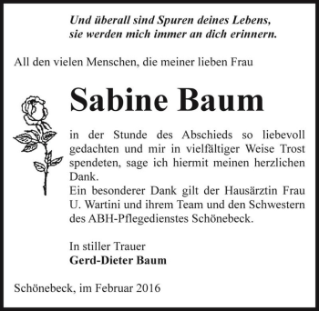Traueranzeige von Sabine Baum  von Magdeburger Volksstimme