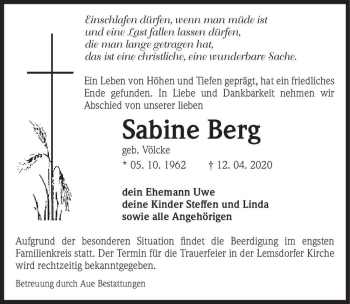 Traueranzeige von Sabine Berg (geb. Völcke)  von Magdeburger Volksstimme