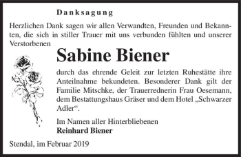 Traueranzeige von Sabine Biener  von Magdeburger Volksstimme