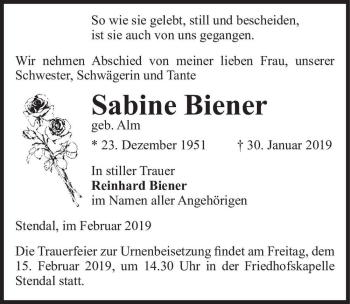Traueranzeige von Sabine Biener (geb. Alm)  von Magdeburger Volksstimme