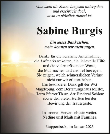 Traueranzeige von Sabine Burgis  von Magdeburger Volksstimme