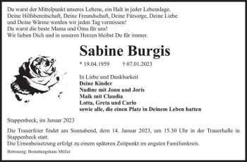 Traueranzeige von Sabine Burgis  von Magdeburger Volksstimme