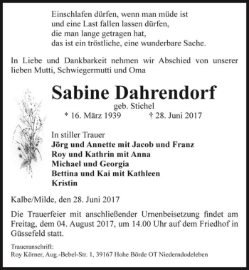 Traueranzeige von Sabine Dahrendor (geb. Stichel)  von Magdeburger Volksstimme